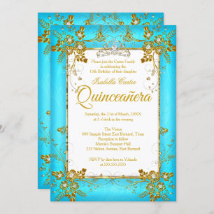 Quinceanera Photo Teal Blue Gold Diamond Tiara Invitation