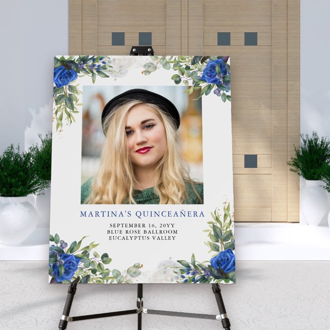 Quinceanera Photo Welcome Blue Rose and Eucalyptus Foam Board (Quinceanera welcome sign with the young lady's photo framed with gorgeous blue roses)