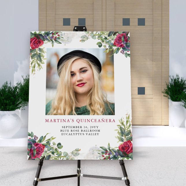 Quinceanera Photo Welcome Red Rose and Eucalyptus Foam Board (Quinceanera welcome sign with the young lady's photo framed with gorgeous red roses)