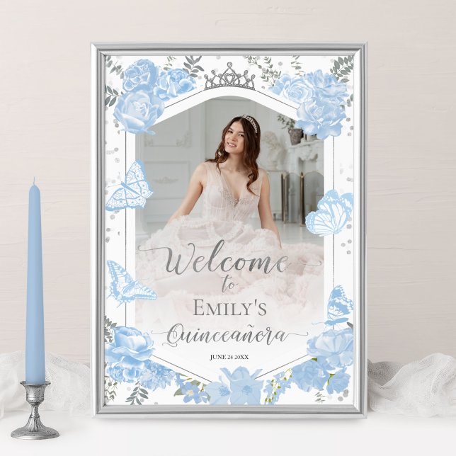 Quinceanera Photo Welcome Sign Dusty Blue Floral (Creator Uploaded)