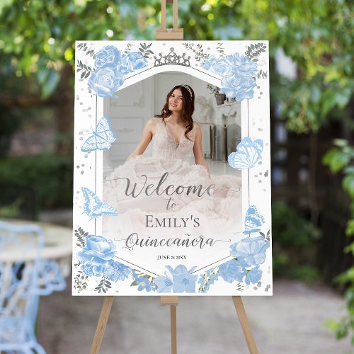 Quinceanera Photo Welcome Sign Dusty Blue Floral