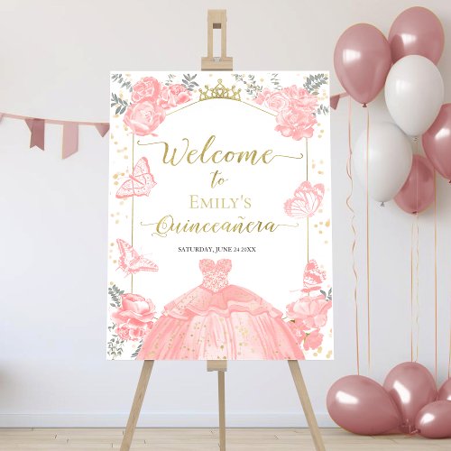 Quinceanera Photo Welcome Sign Pink Floral Gold