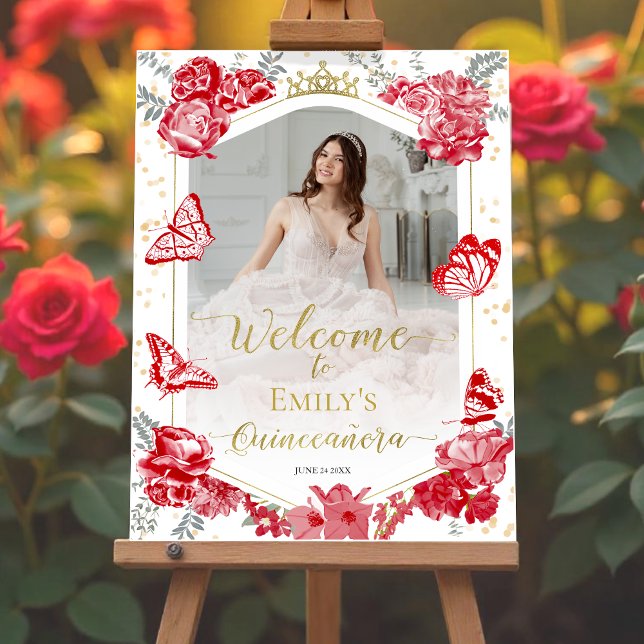 Quinceanera Photo Welcome Sign Red Floral Gold (Creator Uploaded)
