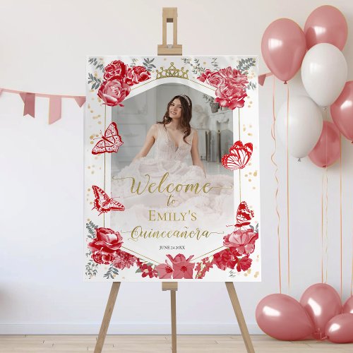 Quinceanera Photo Welcome Sign Red Floral Gold