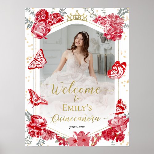 Quinceanera Photo Welcome Sign Red Floral Gold