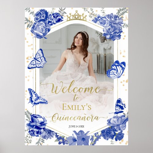 Quinceanera Photo Welcome Sign Royal Blue Floral