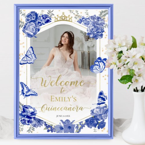 Quinceanera Photo Welcome Sign Royal Blue Floral