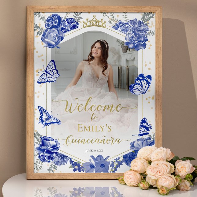 Quinceanera Photo Welcome Sign Royal Blue Floral (Creator Uploaded)