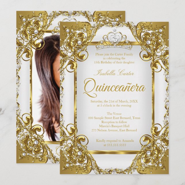 Quinceanera Photo White Golden Pearl Tiara Party Invitation (Front/Back)