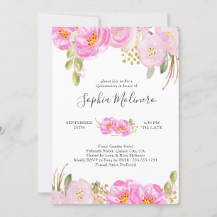 Quinceanera Pink and Gold Watercolor Floral Invitation