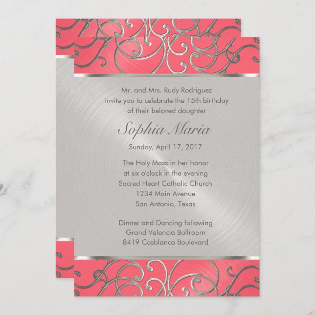 Quinceanera Pink and Silver Filigree Swirls Invitation (Front/Back)