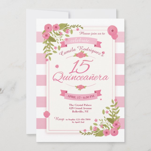 Quinceañera Pink and White Stripes Invitation (Front)