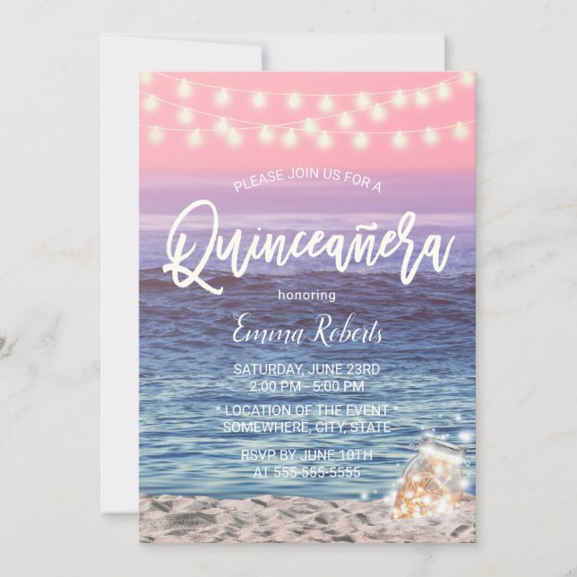 Quinceanera Pink Beach Mason Jar String Light Invitation (Front)