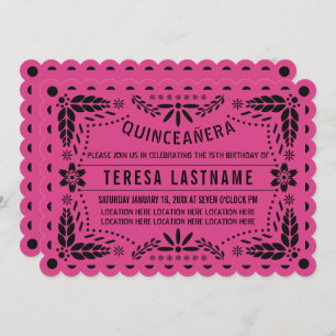 Quinceañera pink black papel picado invitation