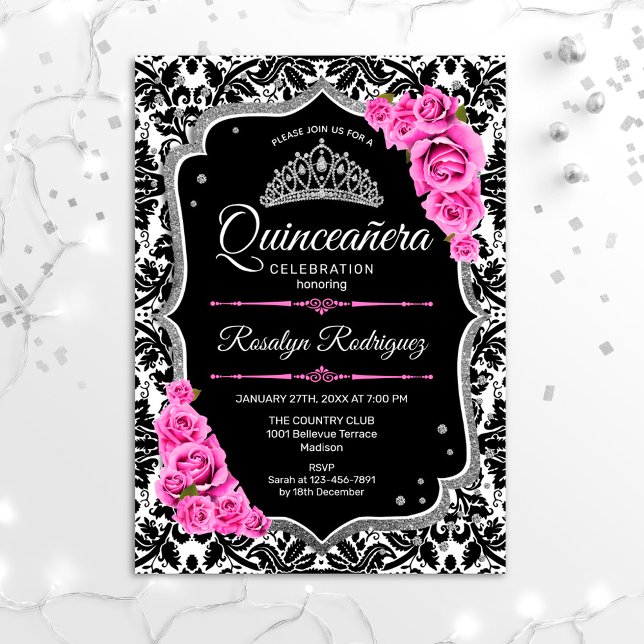 Quinceanera - Pink Black Silver Invitation (Creator Uploaded)