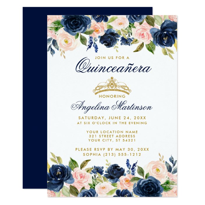 Quinceanera Pink Blue Floral Crown Gold Invite 