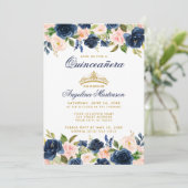 Quinceanera Pink Blue Floral Crown Gold Invite (Standing Front)