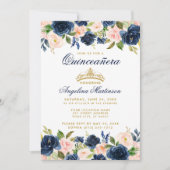 Quinceanera Pink Blue Floral Crown Gold Invite (Front)