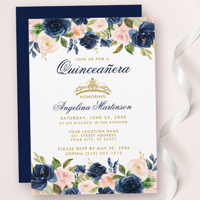 Quinceanera Pink Blue Floral Crown Gold Invite
