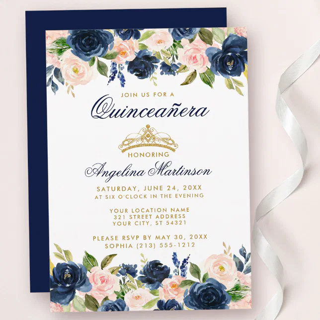 Quinceanera Pink Blue Floral Crown Gold Invite | Zazzle