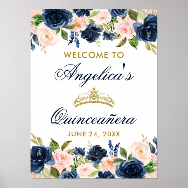 Quinceanera Pink Blue Floral Crown Gold Poster (Front)