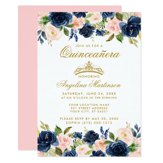 Quinceanera Pink Blue Floral Gold Crown Invitation | Zazzle.com