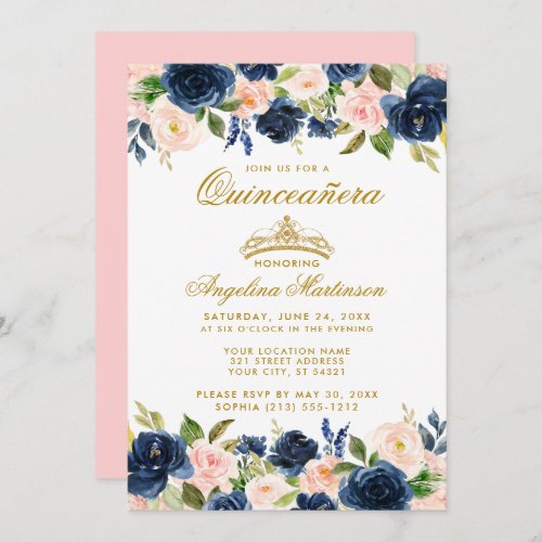 Quinceanera Pink Blue Floral Gold Crown Invitation