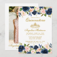 Quinceanera Pink Blue Floral Gold Crown Photo