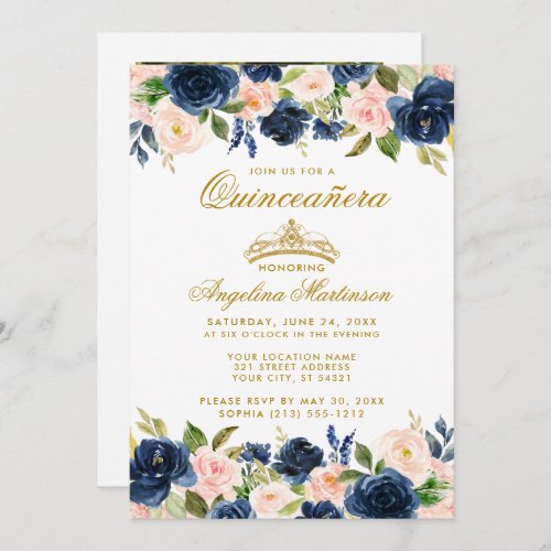 Quinceanera Pink Blue Floral Gold Crown Photo Invitation