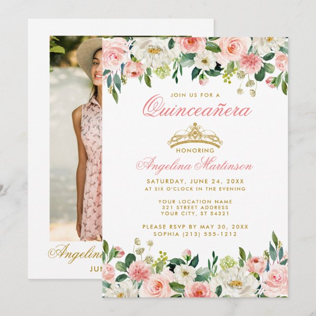 Quinceanera Pink Blush Floral Gold Crown Photo Invitation (Front/Back)