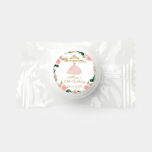 Quinceanera Pink Blush Gold Gown Floral  Life Saver® Mints (Front)