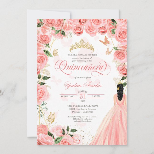 Quinceanera Pink Blush Roses Elegant Butterfly Inv Invitation (Front)