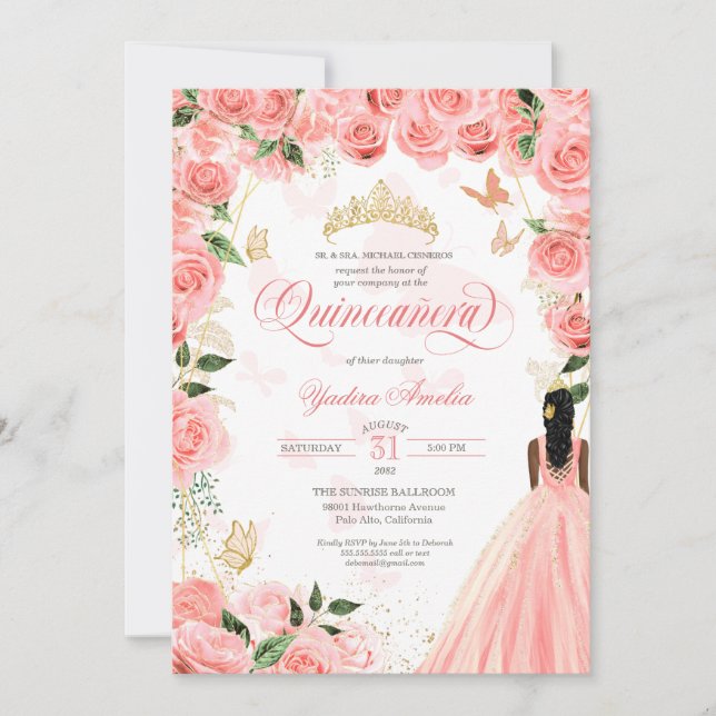 Quinceanera Pink Blush Roses Elegant Butterfly Inv Invitation (Front)
