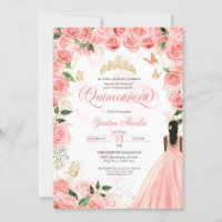 Quinceanera Pink Blush Roses Elegant Butterfly Inv