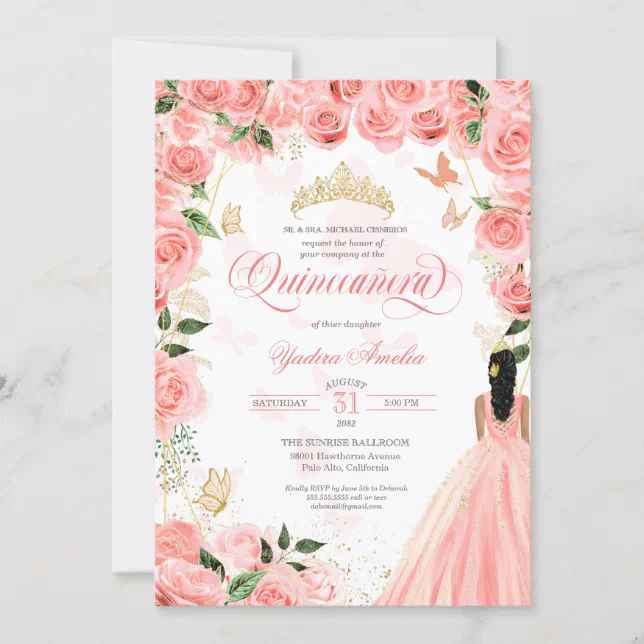 Quinceanera Pink Blush Roses Elegant Butterfly Invitation | Zazzle