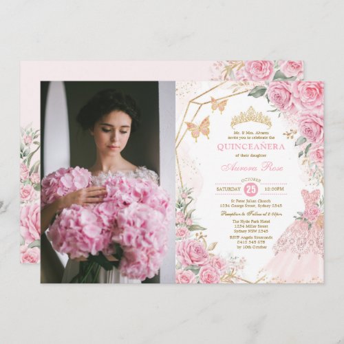 Quinceaera Pink Blush Roses Princess Mis Quince Invitation