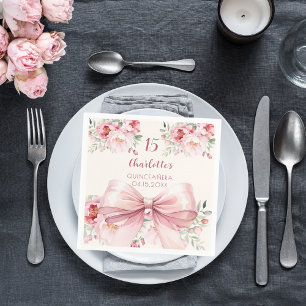 Quinceanera pink bow cream florals roses napkins
