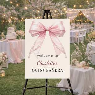 Quinceanera pink bow cream ivory pearls welcome foam board