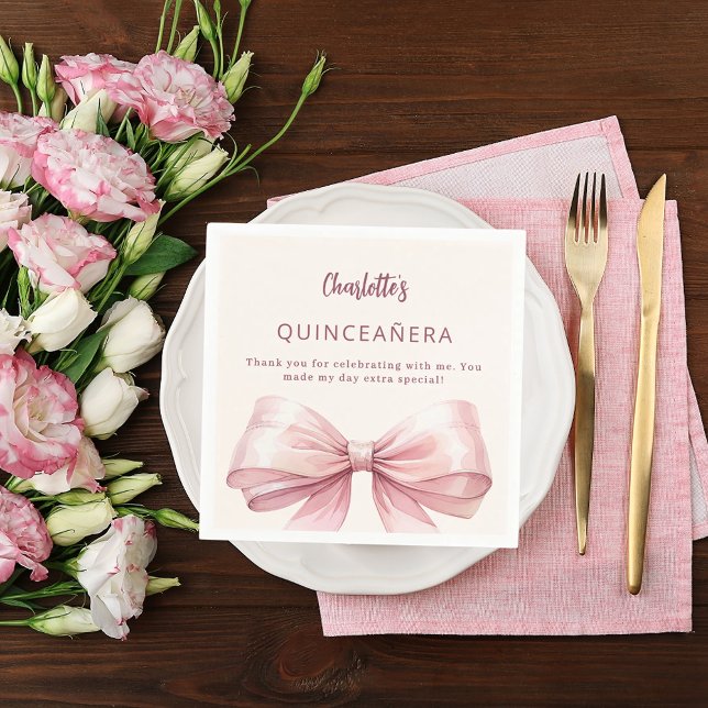 Quinceanera pink bow cream thank you napkins (Creator Uploaded)
