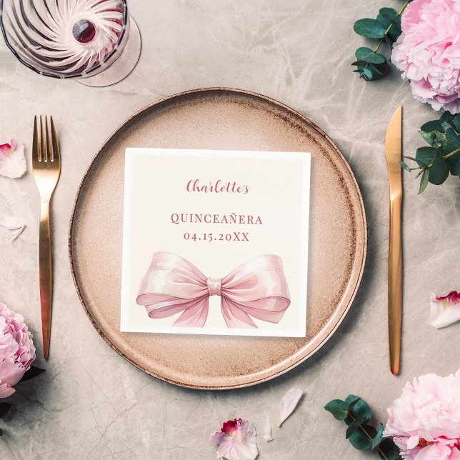 Quinceanera pink bow ivory luncheon napkins (Creator Uploaded)