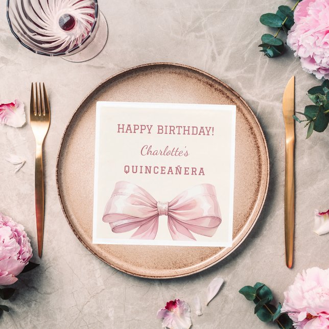 Quinceanera pink bow ivory luncheon napkins (Creator Uploaded)