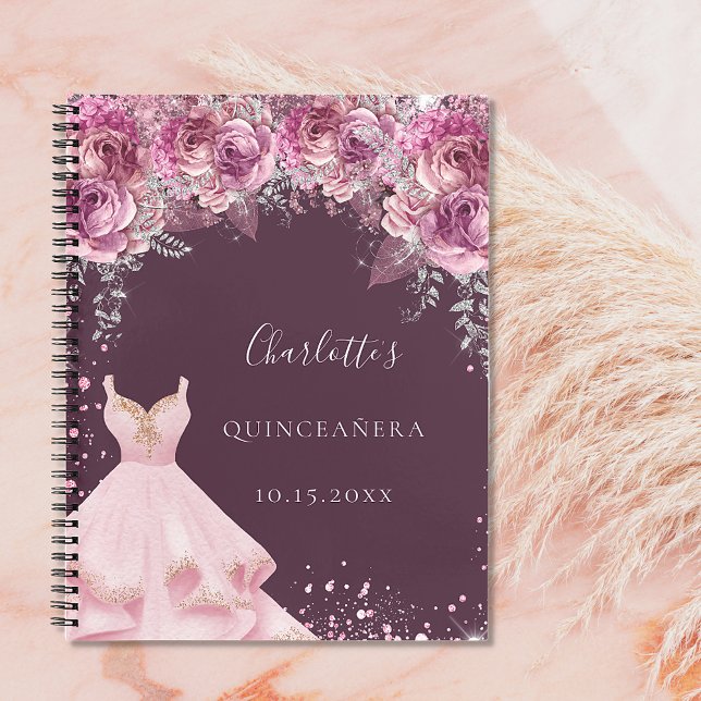 Quinceanera pink bugundy floral dress guest book (Creator Uploaded)