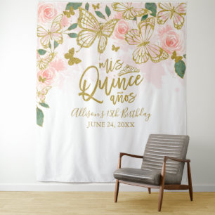 Quinceanera Pink Butterflies Floral Backdrop