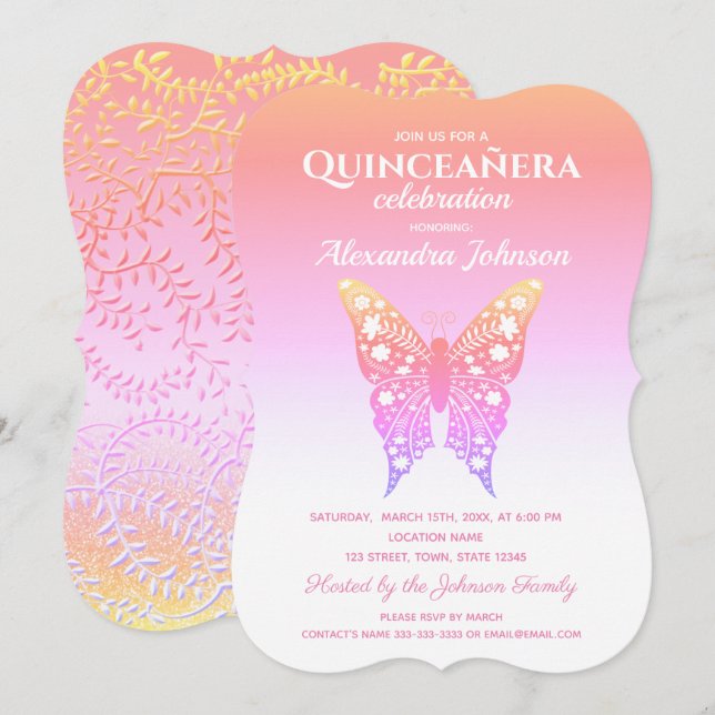 Quinceanera Pink Butterfly 15th Birthday Invitation (Front/Back)