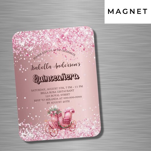 Quinceanera pink carriage luxury invitation magnet