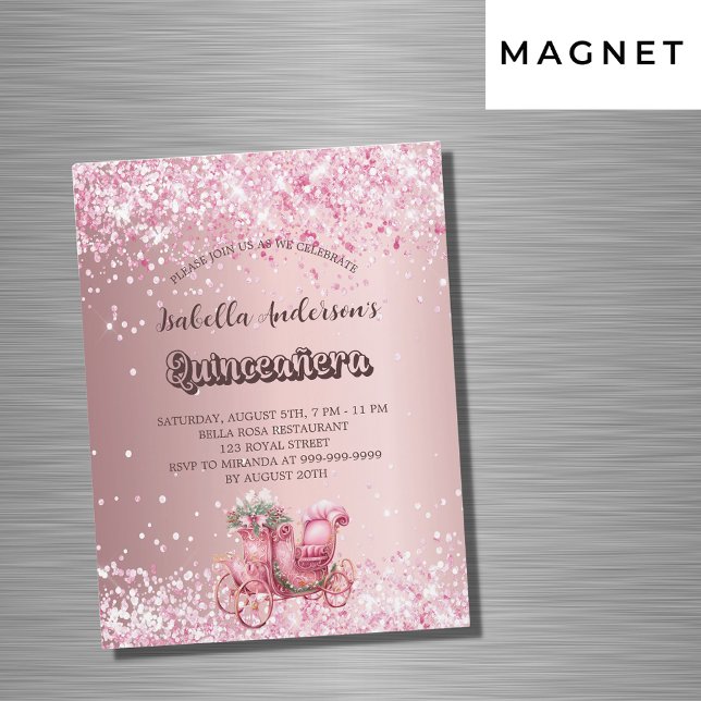 Quinceanera pink carriage luxury party magnetic invitation (Creator Uploaded)