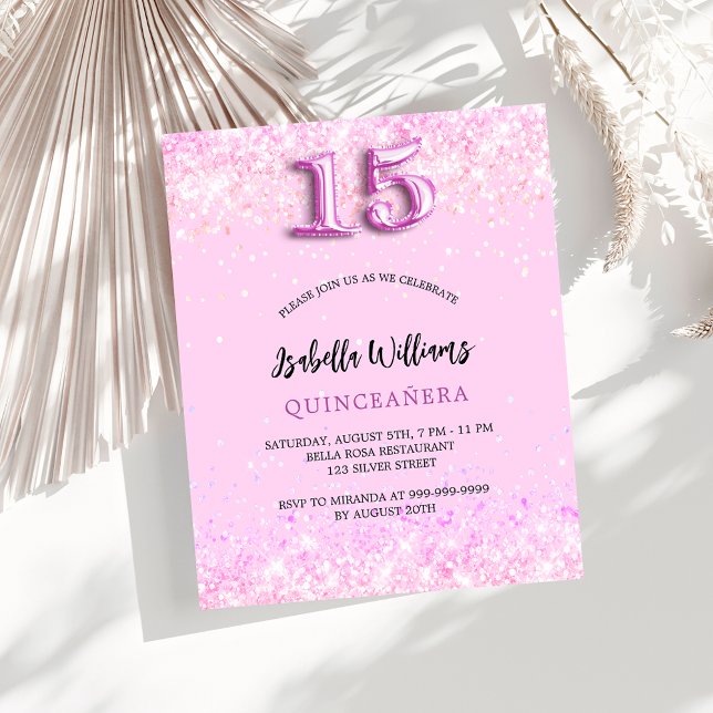 Quinceanera pink confetti budget invitation (Creator Uploaded)
