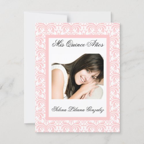 Quinceanera Pink Damask Soft Pink and White Personalized Invitations