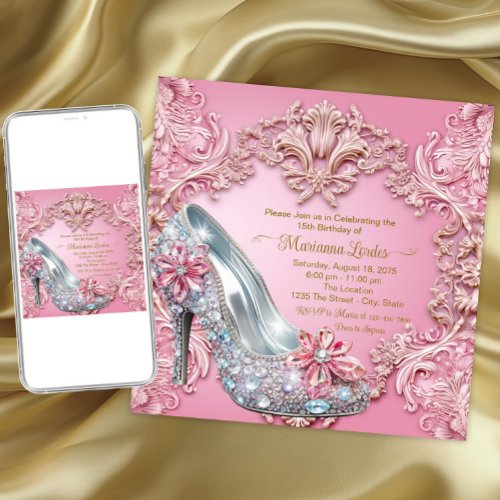 Quinceaera Pink Diamond High Heel Shoe Invitation