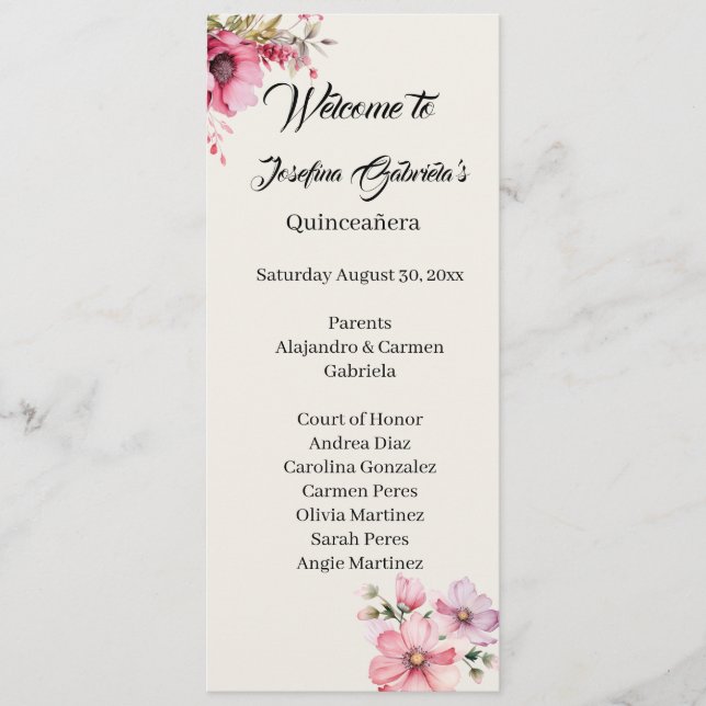Quinceanera pink double side program card  (Front)